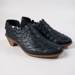 Rieker Womens Sina 78 Shoes Sz 41 US 10 10.5 Black Woven Leather Slip On Heels